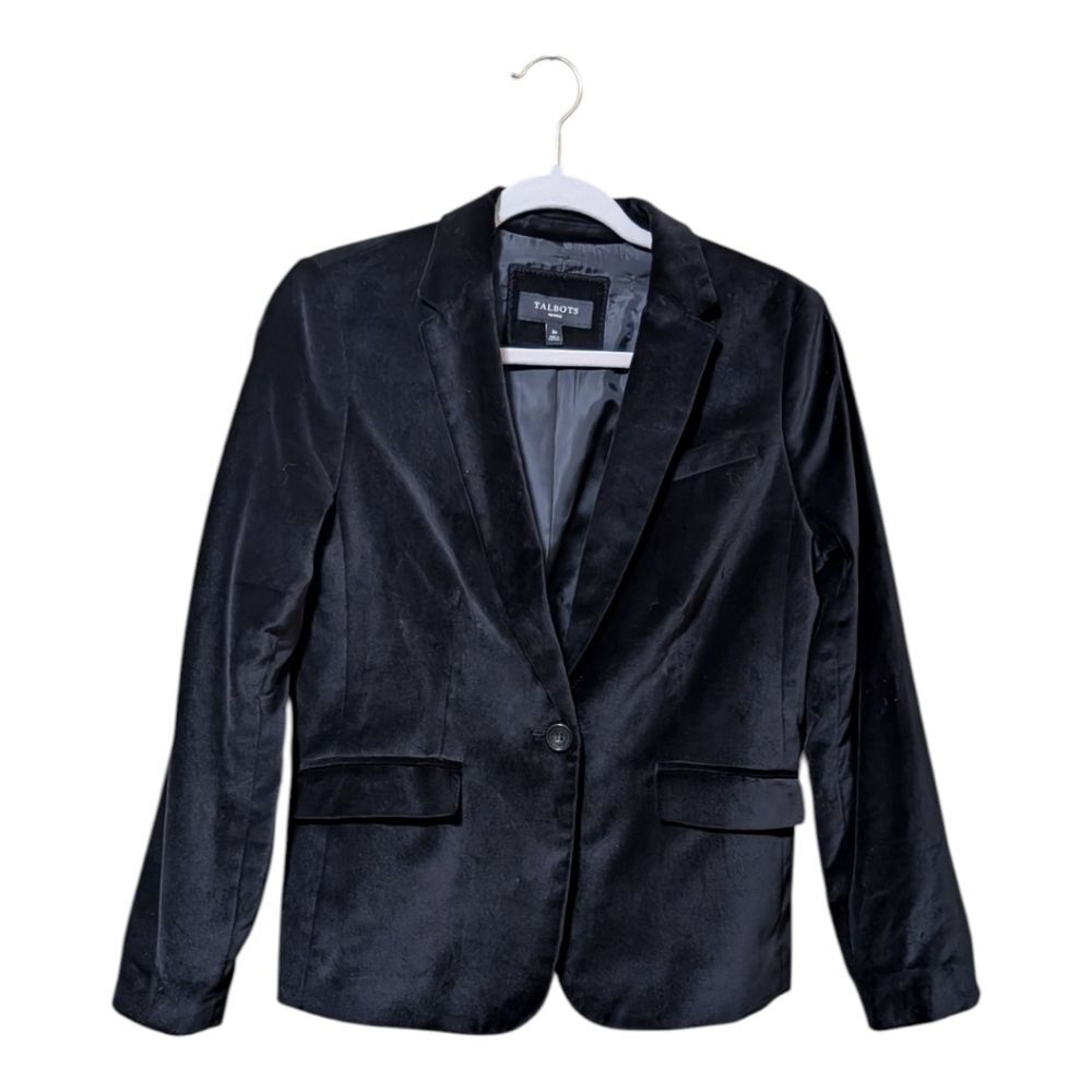 Talbots Black Velvet Blazer Size 8P one Button Notch Collar